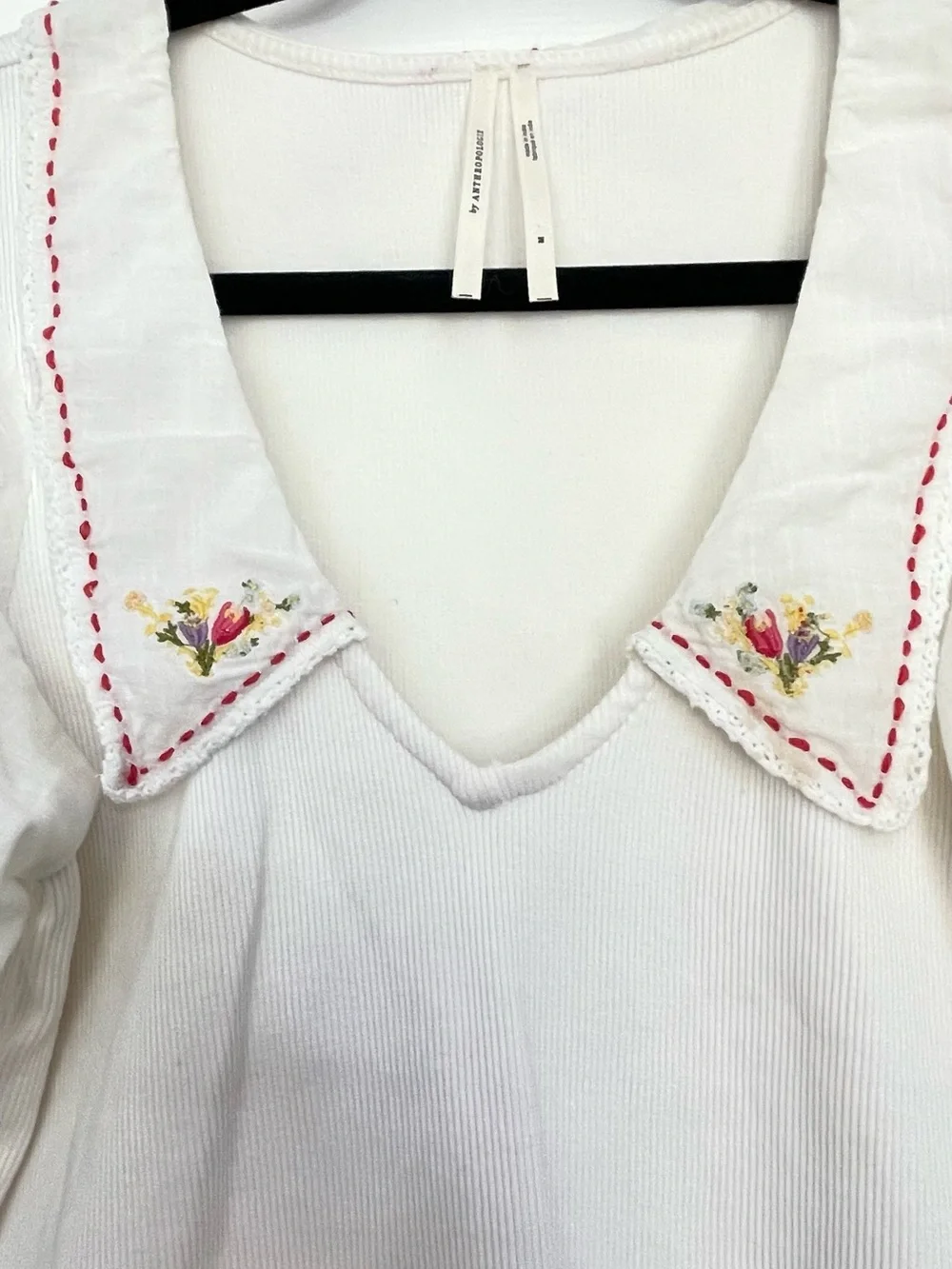 Anthropologie White V-Neck Puff Sleeve Top with Embroidered Collar